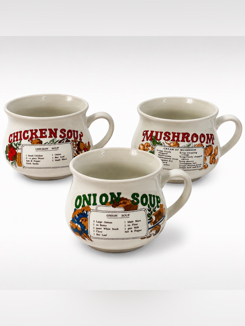 Vintage Recipe Soup Mugs Set 3 Collector Kitchenalia Cottagecore Farmhouse